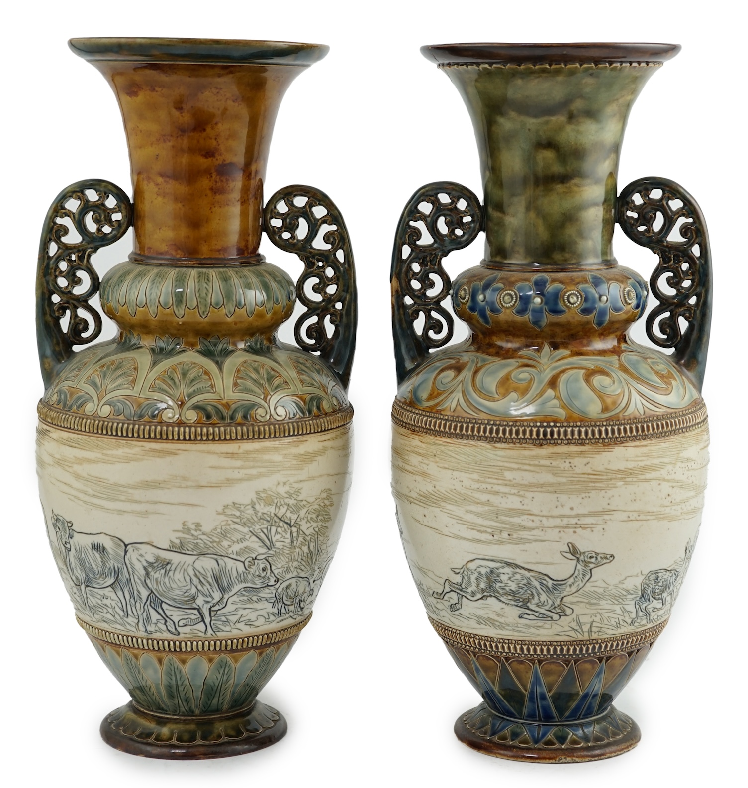 Hannah Barlow for Doulton Lambeth two similar stoneware vases, 1885